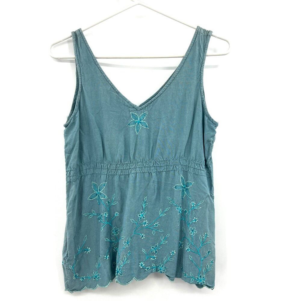 Boho Teal Floral Embroidered Sequin V-Neck Tank Top Scalloped Hem Viscose